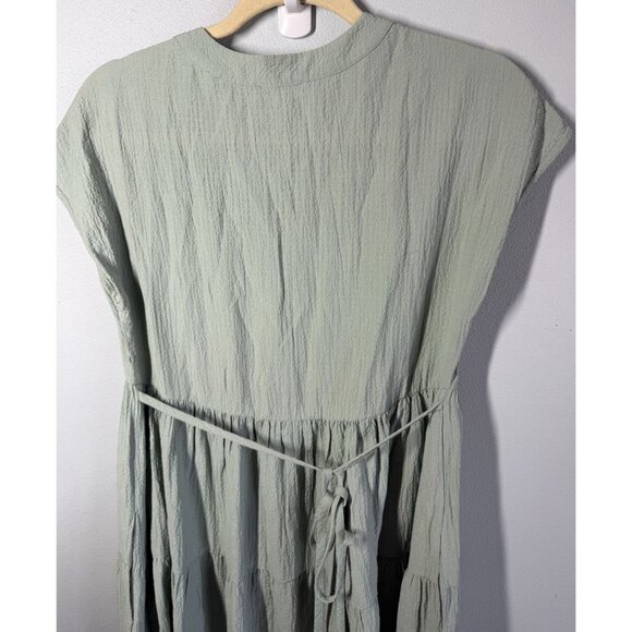 Calvin Klein Womens Textured Tiered Dress Size 2 Sage Green Split Neckline Tie - Picture 10 of 14